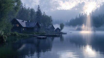Fototapeta premium Lakefront cabin with wood exterior on a serene mountain lake, surrounded by coniferous trees 