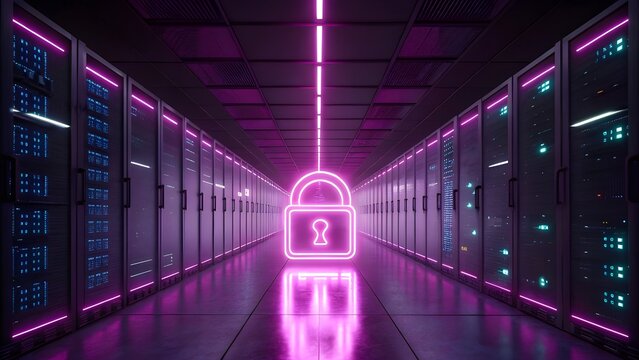 Futuristic Data Center Corridor with Neon Padlock Hologram &ndash; Cybersecurity Concept