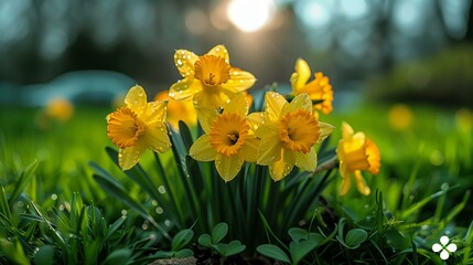 Fototapeta premium Beautiful Yellow Daffodils in a Lush Green Meadow Basking in the Warm Sunlight
