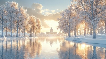Winter Sunrise Over Capitol Building And River