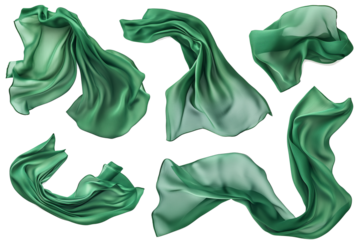 Set of floating elegant green fabrics isolated on white background