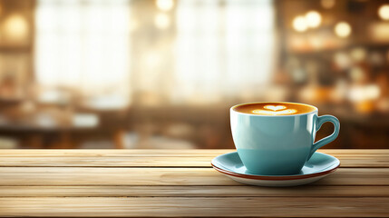 Fototapeta premium A Picture of a Cup Of Coffee, With The Background Of The Coffee Shop And Its Customers Blurred. Cafe Drink Menu Image.