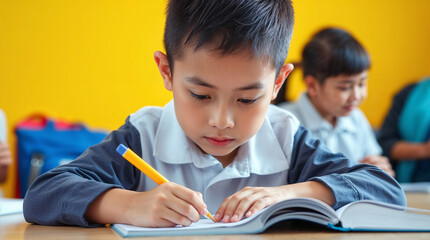 Scholarship, student and Asian kid with learning elementary school for future by yellow background