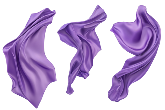 Set of floating elegant violet fabrics isolated on white background