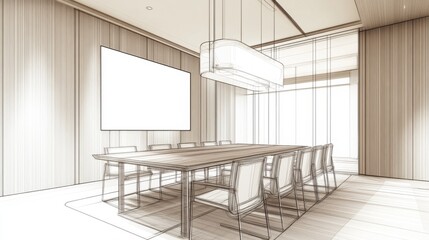 Fototapeta premium Modern conference room design sketch, wood paneling, large table, meeting