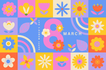 Greeting card for March 8 international women's day. Geometric banner with different flowers and place for text.Trendy template for your design, holiday poster, flyer, web, social media,web.Vector