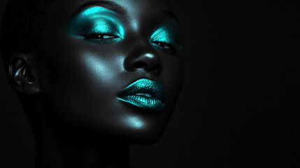 Close-up portrait of a dark-skinned woman with glossy turquoise makeup on her lips and eyes, illuminated with dramatic lighting. The image represents high fashion, beauty, and creativity.