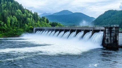 Fototapeta premium Majestic Hydroelectric Dam Surrounded by Lush Green Forest and Serene Mountains Under a Cloudy Sky