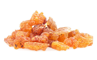 Pile of natural frankincense Olibanum isolated on a white background. Frankincense resin. Incense.