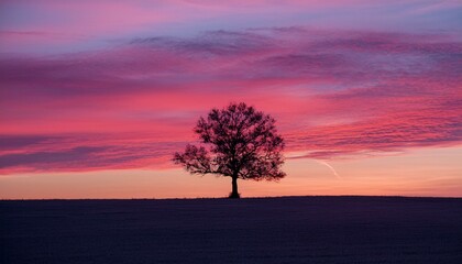 거대한 노을빛 하늘 아래, 구불구불한 나무 한 그루가 서 있는 실루엣