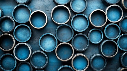 Aerial view of circular metal containers arranged on a textured blue surface, showcasing their industrial design