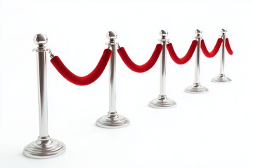stanchions with red velvet ropes on white background