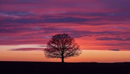 Obraz premium 거대한 노을빛 하늘 아래, 구불구불한 나무 한 그루가 서 있는 실루엣