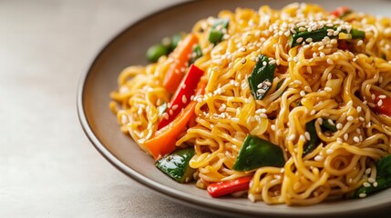 Colorful Vegetable Noodles with Sesame Seeds in a Modern Bowl