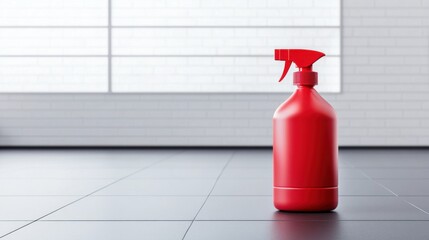 Obraz premium Bright Red Spray Bottle on a Modern Gray Floor in a Contemporary Indoor Environment