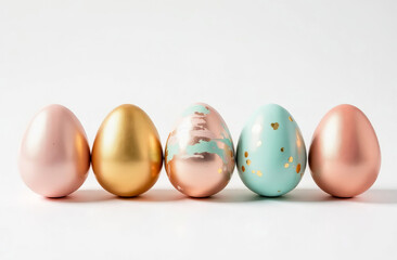 Fototapeta premium Five elegantly decorated Easter eggs in pastel shades with gold decor on a white background