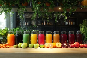 Colorful fruit juices in bottles, cafe setting