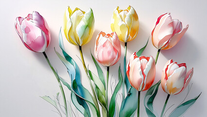 Bouquet of tulips in soft yellow and pink pastel colors on a light background. Digital watercolor illustration. 