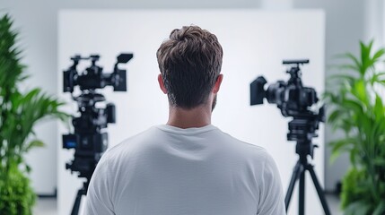 Influencers collaborating on content creation studio setup video production bright environment behind the scenes