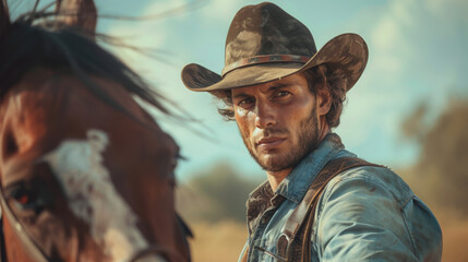 Man in a cowboy hat is standing next to a brown horse