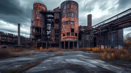 years exploring forgotten cities: industrial ruins, stamp photography artistry, post-apocalyptic aesthetic. Post-Apocalyptic Aesthetic. Illustration