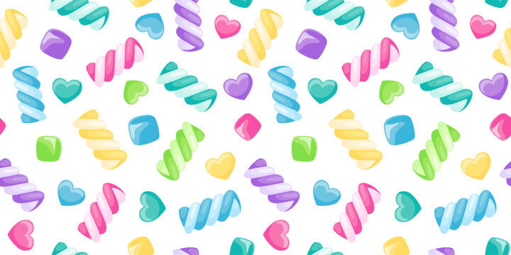 Seamless pattern with marshmallow, candies and sweets. Cute twisted candies, color marshmallow swirls and hearts for Valentines day or birthday decoration, vector illustration
