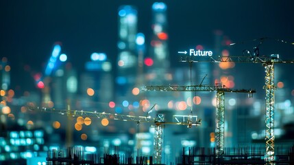 A vibrant city skyline at night with construction cranes symbolizing progress and innovation.