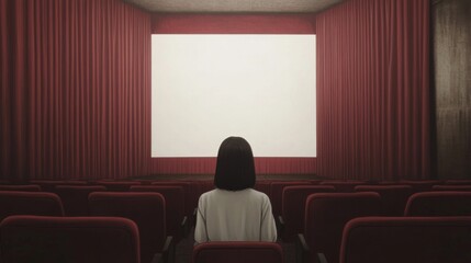 Woman watching blank movie screen in empty theater