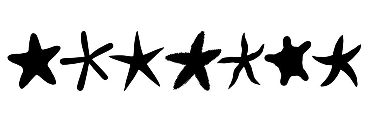 Set of silhouettes, stamps of aquatic animals, starfish. Vector graphics.
