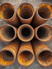 Nine rusty pipes arranged in a circular pattern.