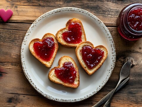 Heart-shaped jam spread on golden-brown toast