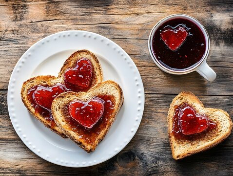 Heart-shaped jam spread on golden-brown toast