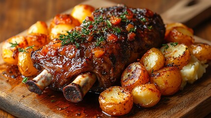 Juicy roasted lamb shank served with crispy potatoes and herbs on a rustic wooden board