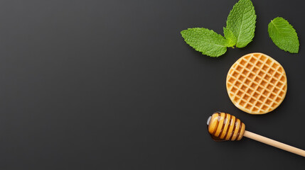Delightful lige waffle drizzled with honey and garnished with fresh mint on a dark surface