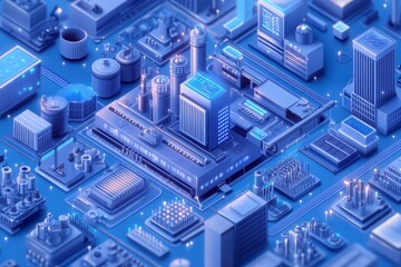 Fototapeta premium A Futuristic Industrial Cityscape: An Isometric Perspective of Interconnected Structures