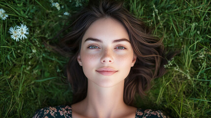 Top view of a beautiful young woman with brunette hair, lying in the grass, looking at the camera and smiling. summer outdoor leisure time and relaxation for a pretty lady, carefree female person.