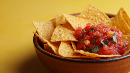 Nachos with salsa in a bowl on a yellow background.