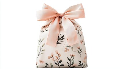 A beautifully wrapped gift bag with floral patterns and a soft pink ribbon, perfect for special occasions.