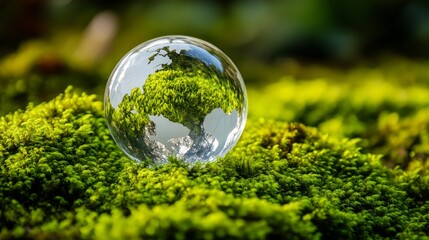 Crystal Sphere Reflecting Earth Surrounded by Green Moss Texture