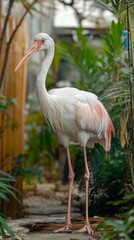 Stork wading through a lush garden, showcasing its elegant form and unique coloring amidst vibrant greenery in the early morning light