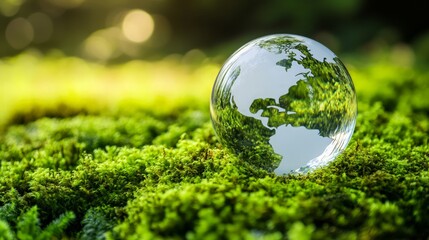 Transparent Globe Reflecting Nature on Vibrant Green Moss Surface