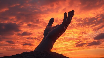 Fototapeta premium A dramatic sunset casts a vibrant sky behind a sculpted hand reaching upward, symbolizing hope and aspiration.