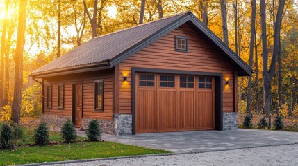 A wooden garage with a gable roof
