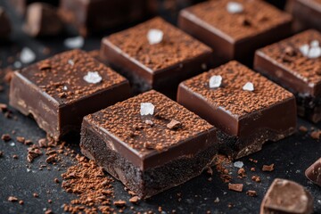 Close-up of dark chocolate squares with sprinkled salt and nuts
