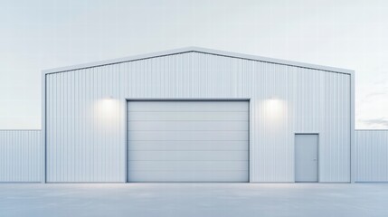 Fototapeta premium Industrial Warehouse: A modern industrial warehouse with a closed roller door, and subtle lights.