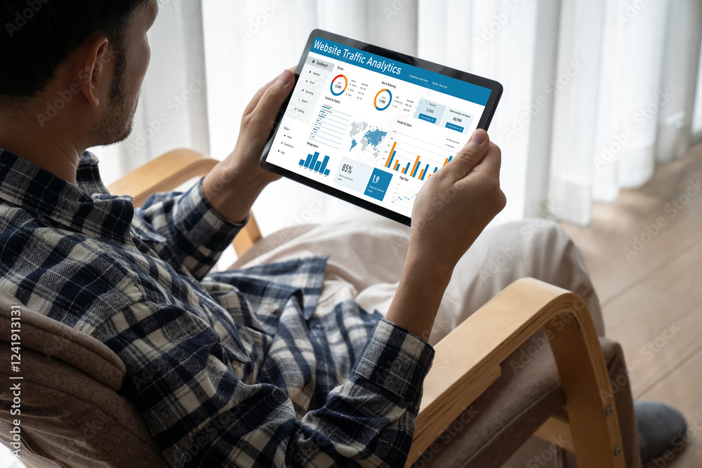 Poster computer software for website traffic analytics data on computer screen. concept of seo search engin