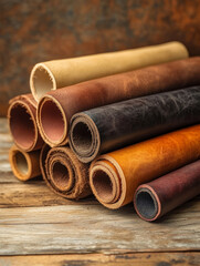 Stack of rolled leather on wooden surface.