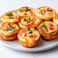 Freshly Baked Mini Quiches with Tomatoes and Herbs on a White Plate for Culinary Inspiration
