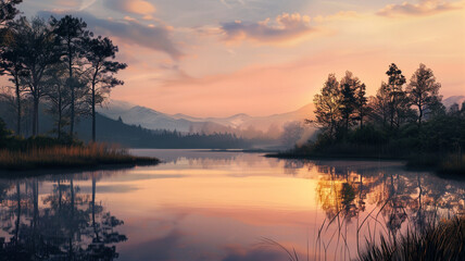 Fototapeta premium The calm waters of a lake reflect the gentle hues of dusk, surrounded by dark silhouettes of trees and the distant outline of mountains.