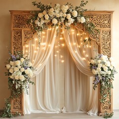 A carved wooden archway with traditional patterns, featuring a bouquet of white roses, lavender, and trailing vines, wrapped in soft string lights